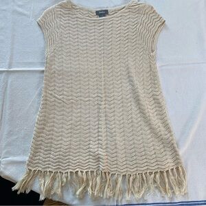 Neiman Marcus Boho Cottagecore Cream Colored Chevron Knit Top with Tassels